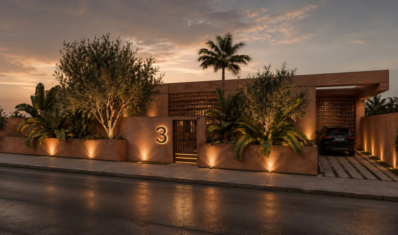 Entrée sécurisée d'une villa Terrafino Villas Marrakech à la tombée du jour
