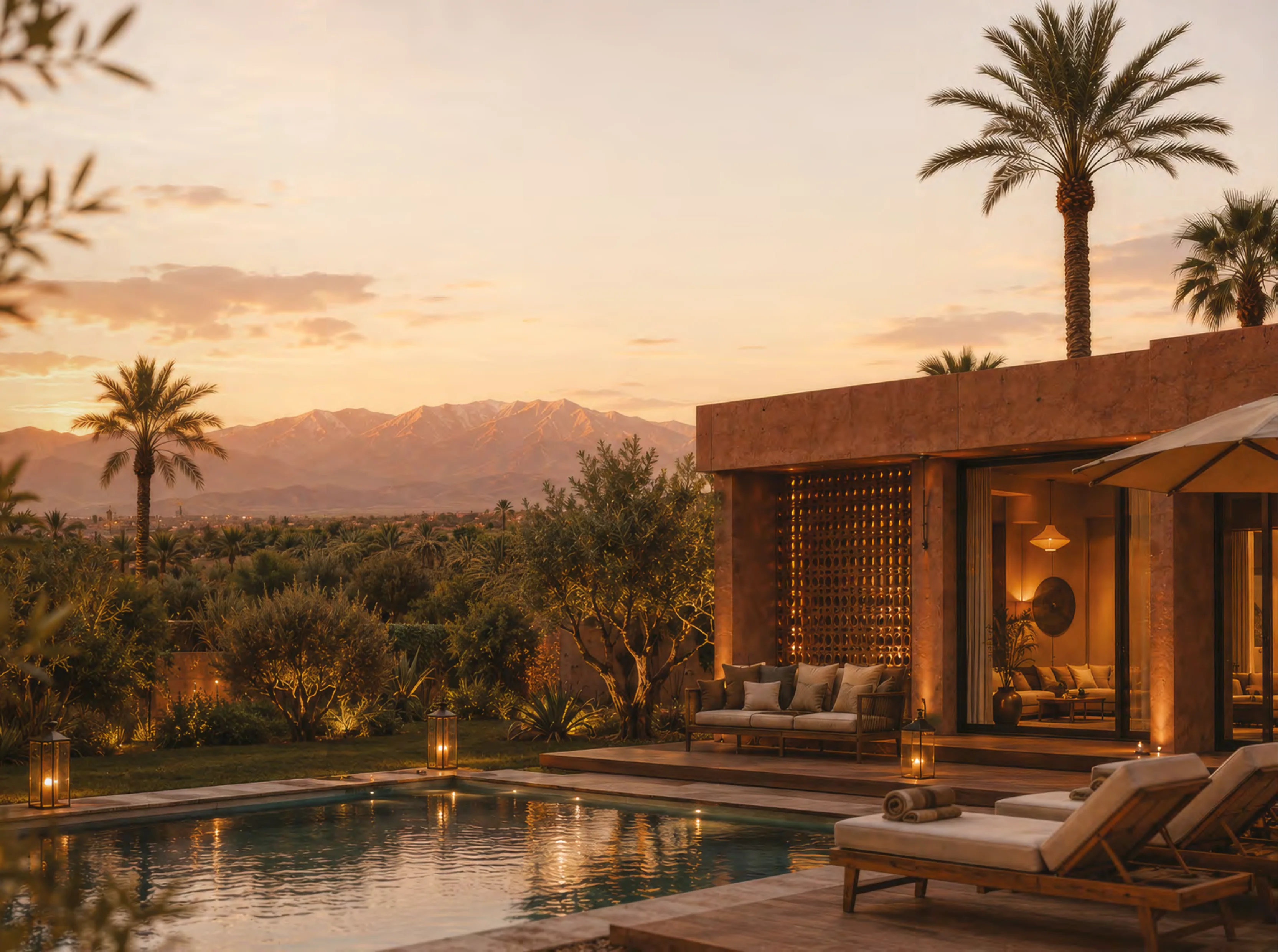 Terrasse et piscine d'une villa Terrafino Villas Marrakech au coucher du soleil, horizon Atlas
