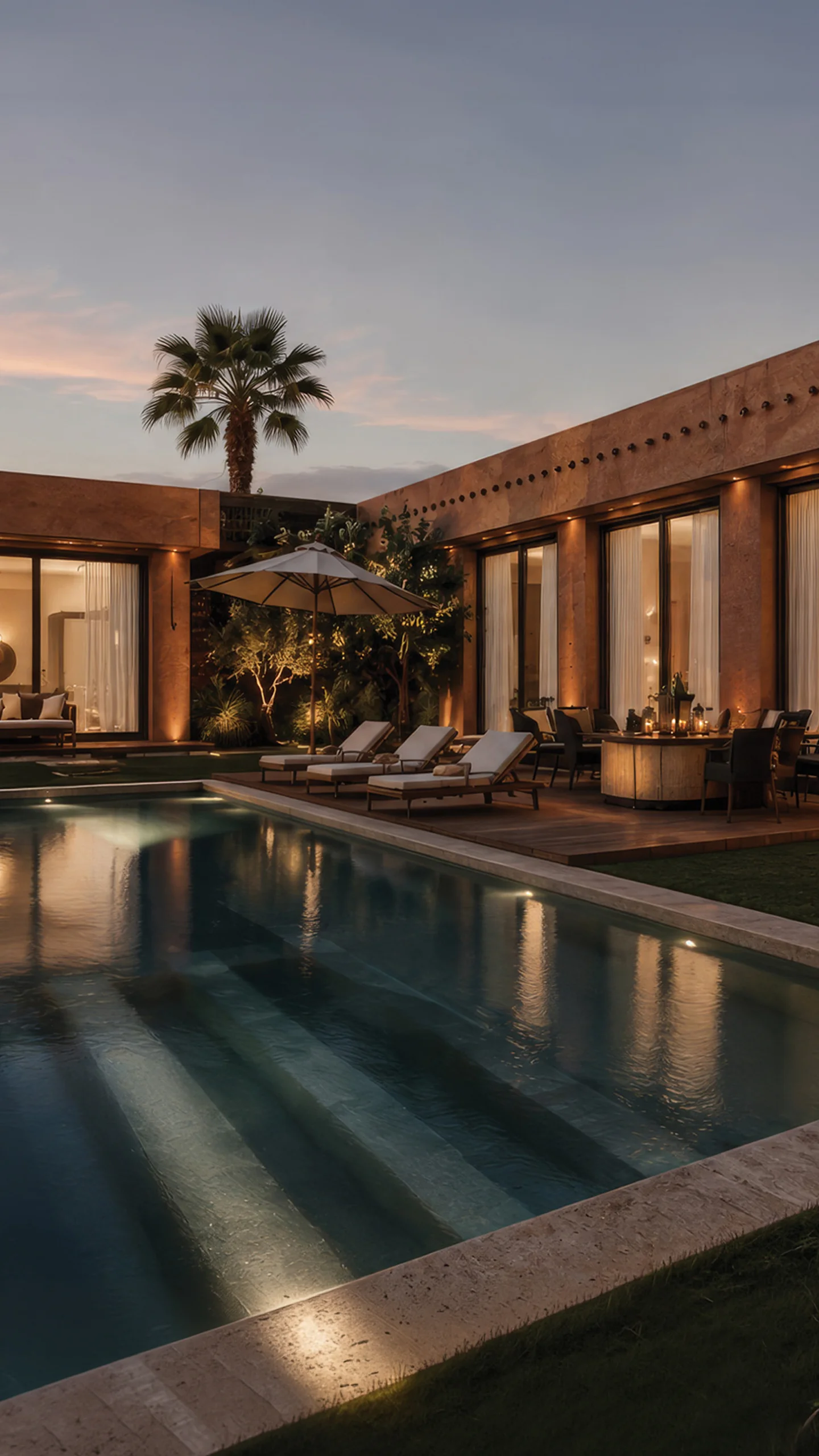 Patio et piscine privative d'une villa Terrafino Villas Marrakech, à la tombée du jour