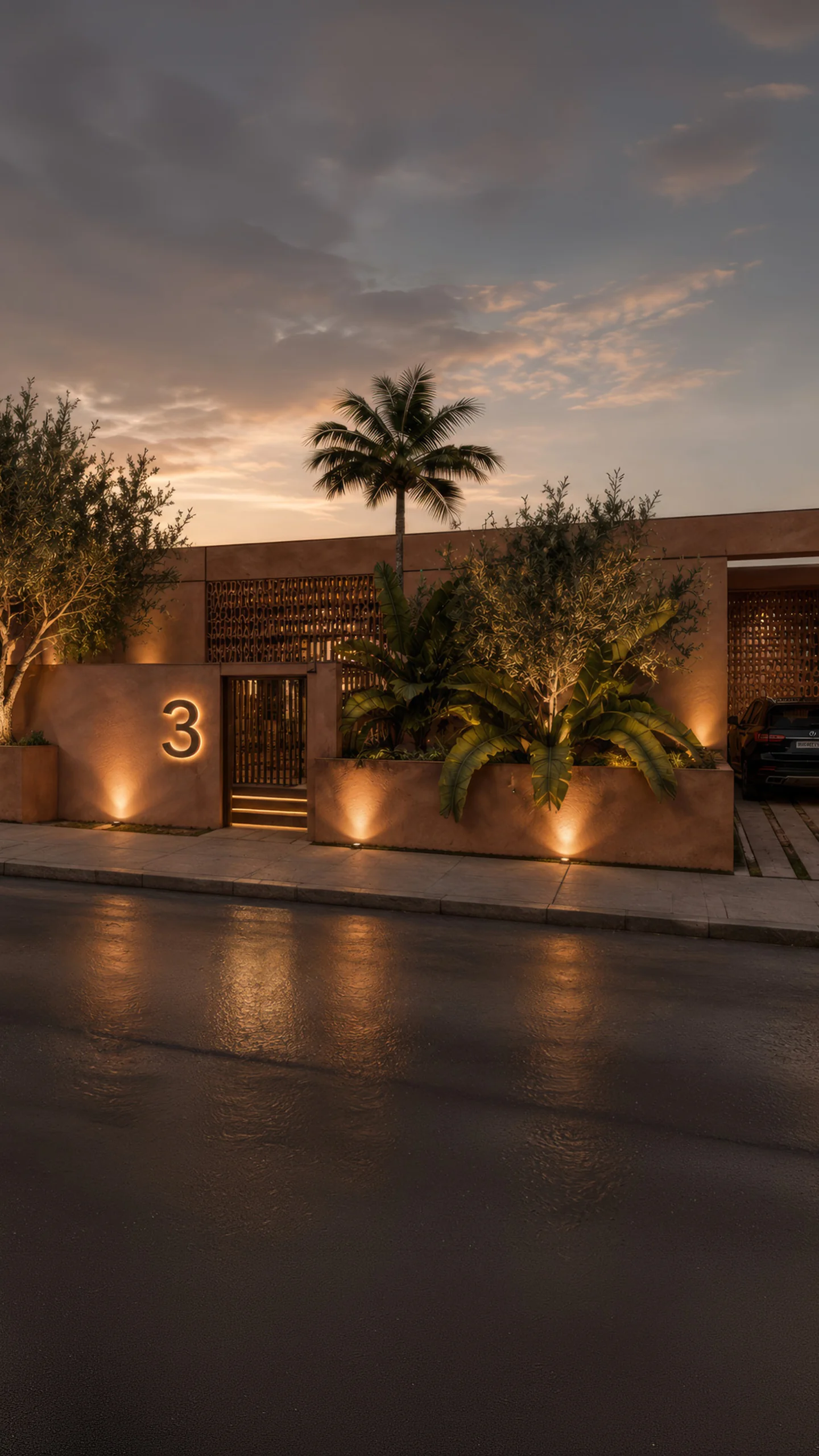 Entrée sécurisée d'une villa Terrafino Villas Marrakech, à la tombée du jour